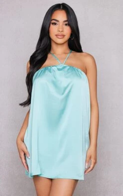 Petite Aqua Blue Satin Stappy Halterneck Swing Dress