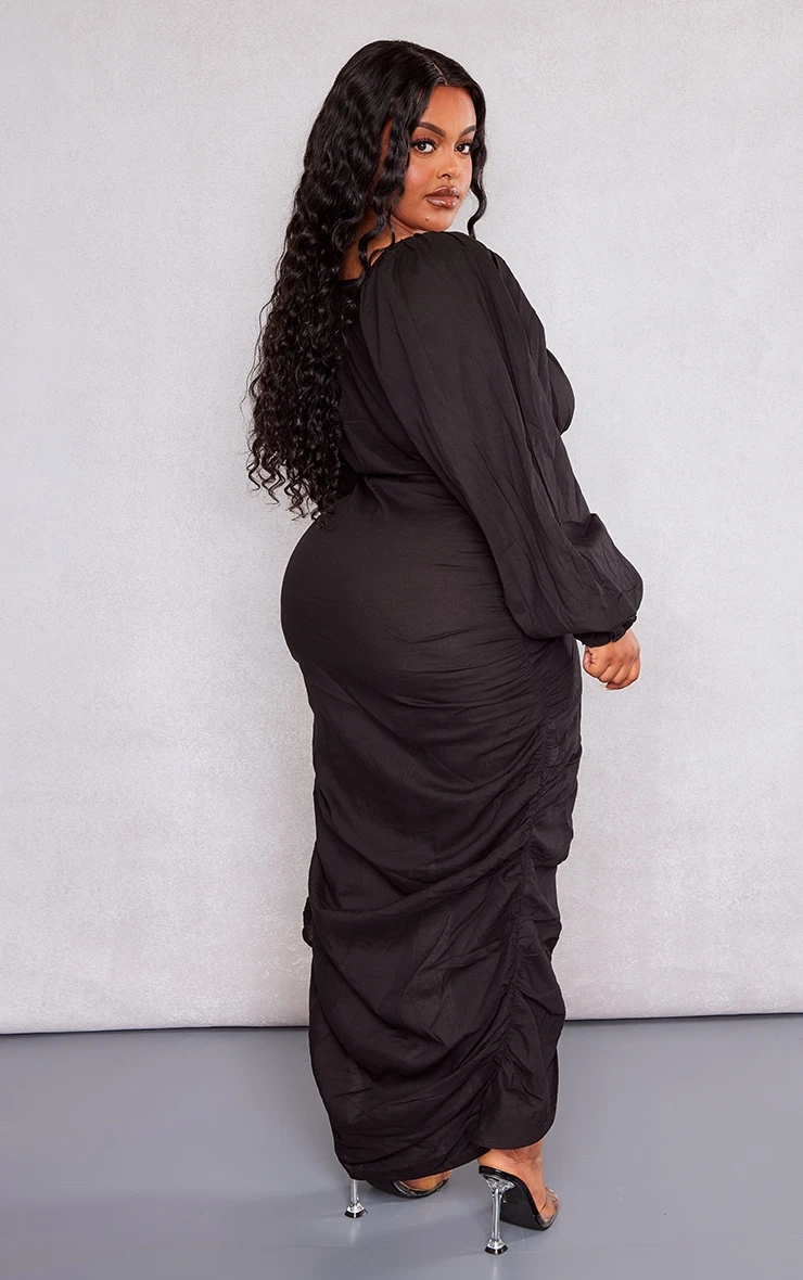Plus Black Linen Look Ruched Side Split Midi Dress 4 Plus Black Linen Look Ruched Side Split Midi Dress - Image 2