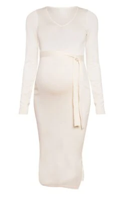 Maternity Cream V Neck Bodycon Dress With Tie -Goremje Style 7c9d6803aa68d00449cbac6b6c1ee3f27773ab98 cnb2408 5