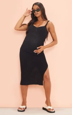 Maternity Black Ribbed Knitted Midaxi Dress