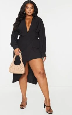 Plus Black Plunge Wrap Textured Dress