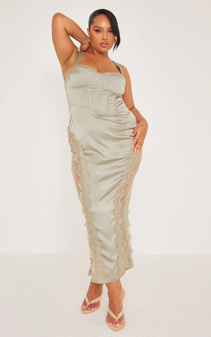 Plus Sage Green Lace Trim Corset Midi Dress 3 Plus Sage Green Lace Trim Corset Midi Dress