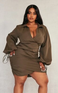 Plus Khaki Plunge Ruched Tie Cuff Shirt Bodycon Dress -Goremje Style 7f31706a0729b23d59647e467c36cc3a7c220c99 cnd2782 3