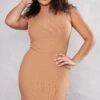 Plus Camel Rib High Neck Cut Out Bodycon Dress