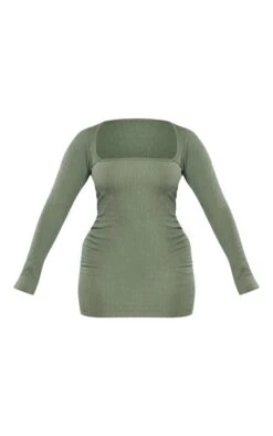 Shape Moss Khaki Textured Square Neck Long Sleeve Bodycon Dress -Goremje Style 8021792b5589b54fea89adbbb14dd2ef361659a7 cnb8774 5