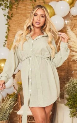 Maternity Sage Green Checked Oversized Tie Waist Shirt Dress