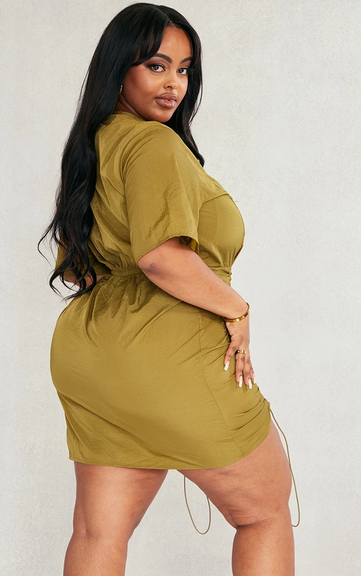 Plus Dark Olive Nylon Ruched Bodycon Dress 4 Plus Dark Olive Nylon Ruched Bodycon Dress - Image 2
