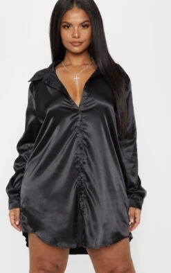 Plus Black Satin Button Front Shirt Dress