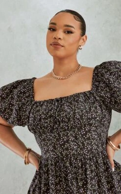 Plus Black Ditsy Floral Puff Short Sleeve Midi Dress -Goremje Style 8216660ca8144ad801c74bcee85c1c4d8ccf08ad cnc9565 4