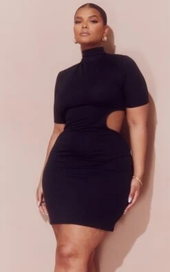 Plus Black High Neck Cut Out Side Bodycon Dress -Goremje Style 824911377d7368fee2fb2bce2d2bdc0d5793c993 cmy4243 4