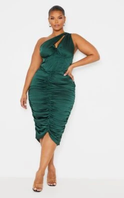 Plus Emerald Green One Shoulder Corset Ruched Satin Midi Dress -Goremje Style 8253bbf315d9b49e634c6bb9683f7d9b15647356 cmu1335 4