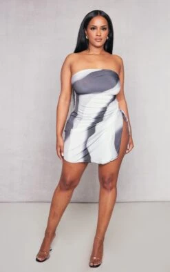 Shape Black Printed Slinky Ruched Side Bandeau Mini Dress