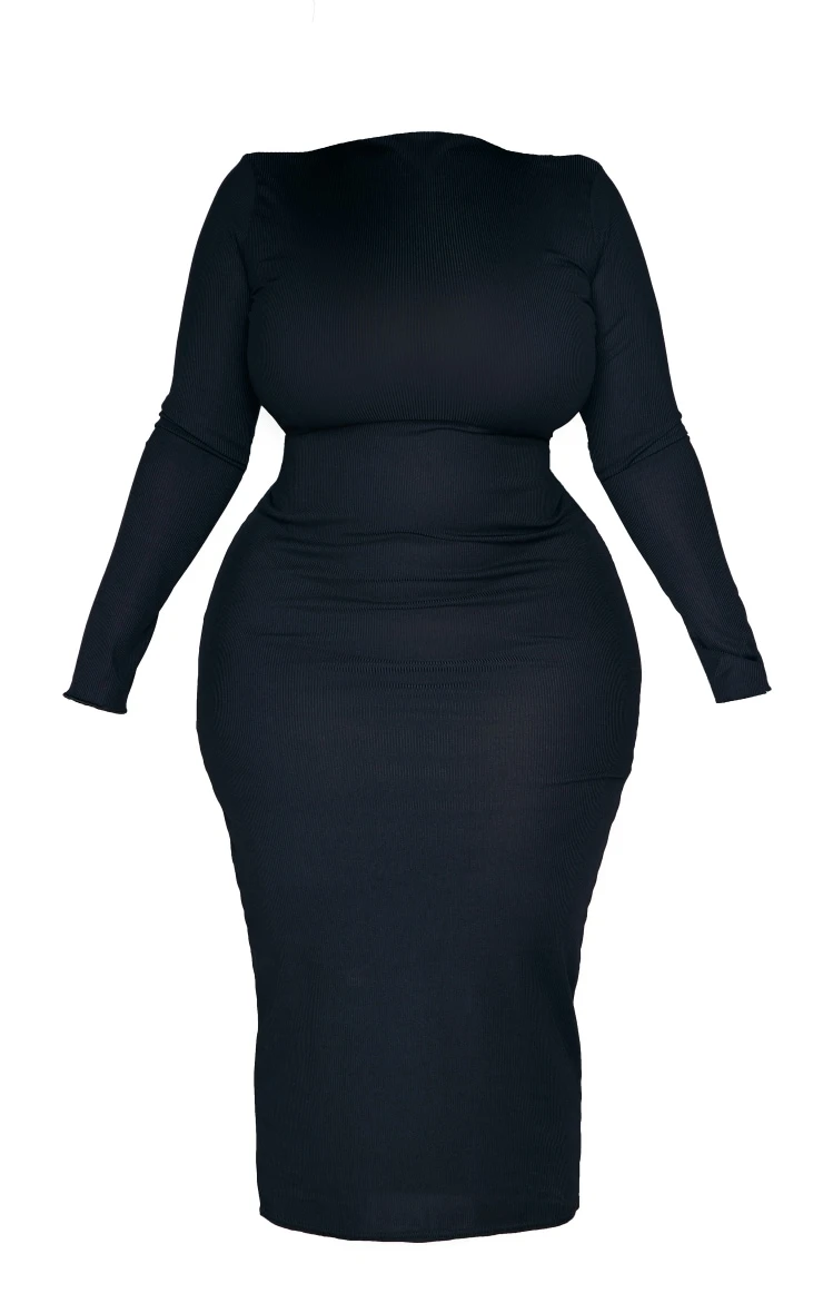 Plus Black Rib Lettuce Hem Long Sleeve Midaxi Dress 7 Plus Black Rib Lettuce Hem Long Sleeve Midaxi Dress - Image 5