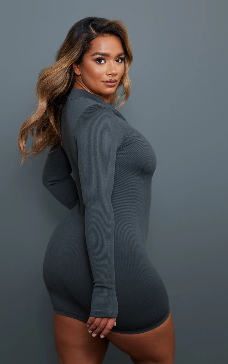 Shape Charcoal Contour Rib Zip Long Sleeve Bodycon Dress 4 Shape Charcoal Contour Rib Zip Long Sleeve Bodycon Dress - Image 2