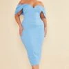 Plus Blue Textured Bardot Midi Dress
