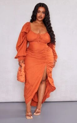 Plus Rust Linen Look Ruched Side Split Midi Dress