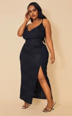 Plus Black Textured Cowl Neck Side Split Midi Dress -Goremje Style 876725c9bb4e64b0726fec174930eb056841c13c cmw4083 4