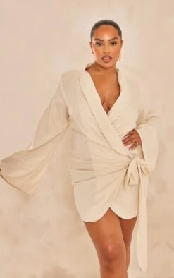 Plus Off White Linen Look Extreme Plunge Tie Detail Shift Blazer Dress -Goremje Style 881b8cf3c47f8fa3b9ab9a22a50396338a64a388 cne1821 3