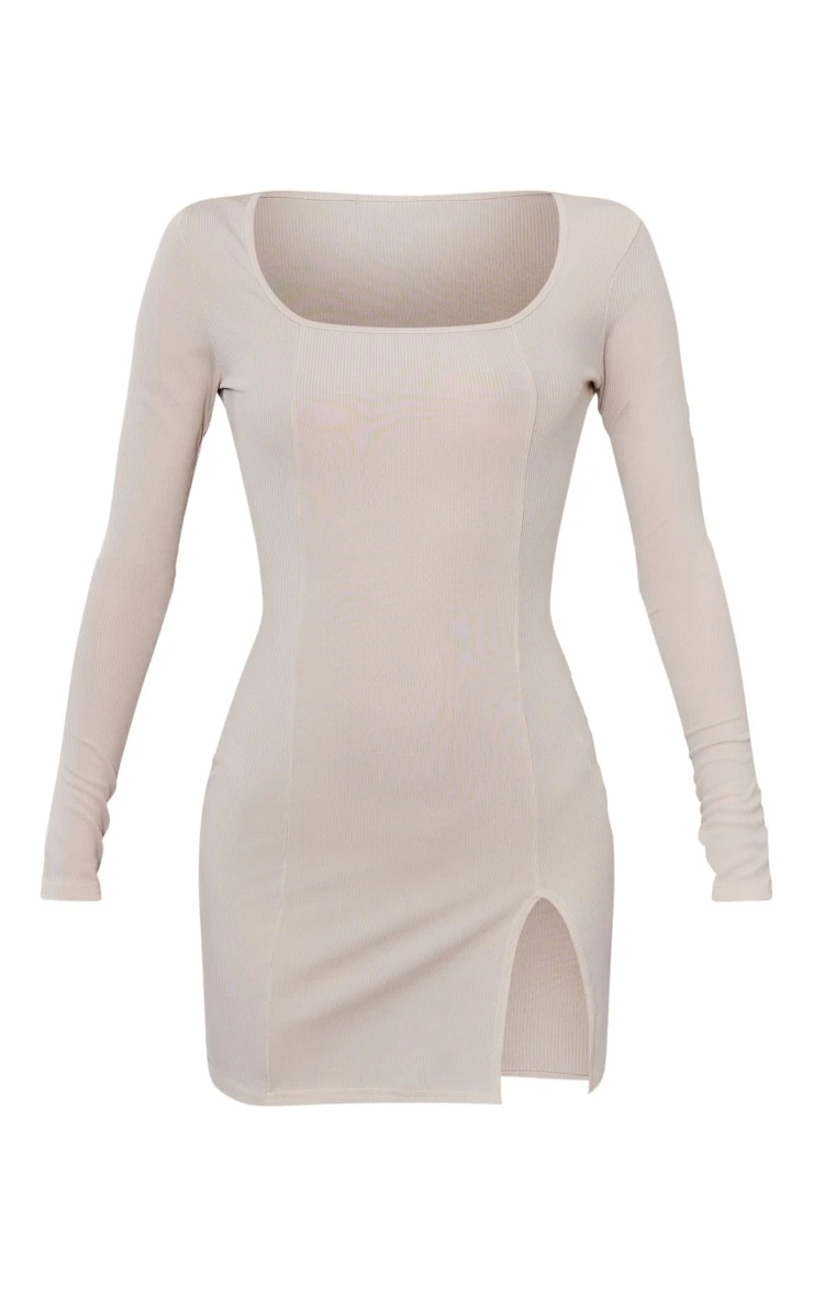 Tall Light Grey Rib Split Hem Square Neck Long Sleeve Bodycon Dress 7 Tall Light Grey Rib Split Hem Square Neck Long Sleeve Bodycon Dress - Image 5