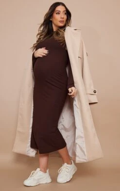 Maternity Chocolate Ribbed Longsleeve Midi Dress