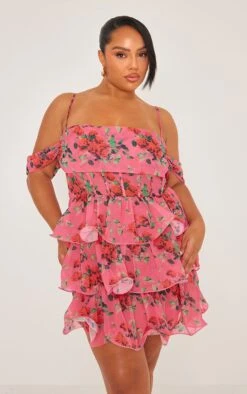 Plus Pink Floral Printed Ruffle Bodycon Dress -Goremje Style 89a668a5667e2e094faf5ebd1fc1ee28588adb7a cne0713 3