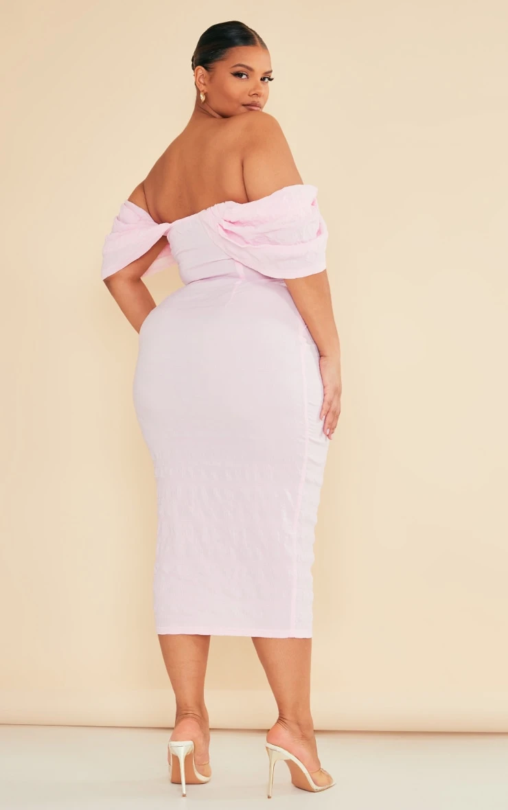 Plus Baby Pink Textured Bardot Midi Dress 4 Plus Baby Pink Textured Bardot Midi Dress - Image 2