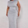 Plus Grey Marl Shoulder Pad Ruched Side Midaxi Dress
