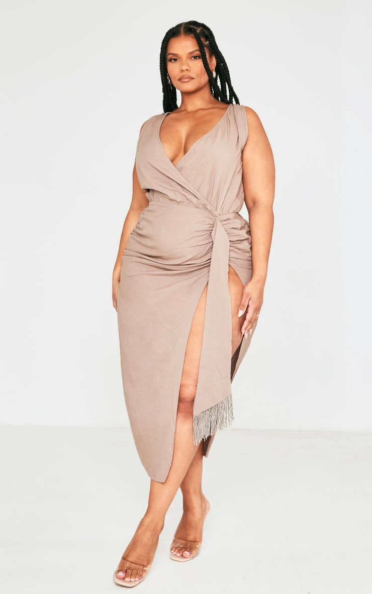 Plus Taupe Linen Look Drape Detail Midi Dress 3 Plus Taupe Linen Look Drape Detail Midi Dress