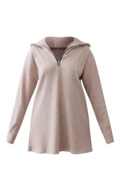 Petite Oatmeal Rib High Neck Half Zip Oversized Jumper Dress -Goremje Style 8da068ddf993cea3d6f0603f199420b6be455c66 cnc4742 5
