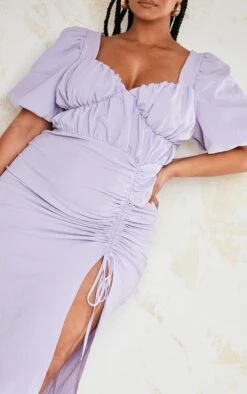 Plus Lilac Puff Sleeve Ruched Side Split Midi Dress -Goremje Style 8e3a939da28c9fdba33ca963eeefa42786225ac4 cne0627 4