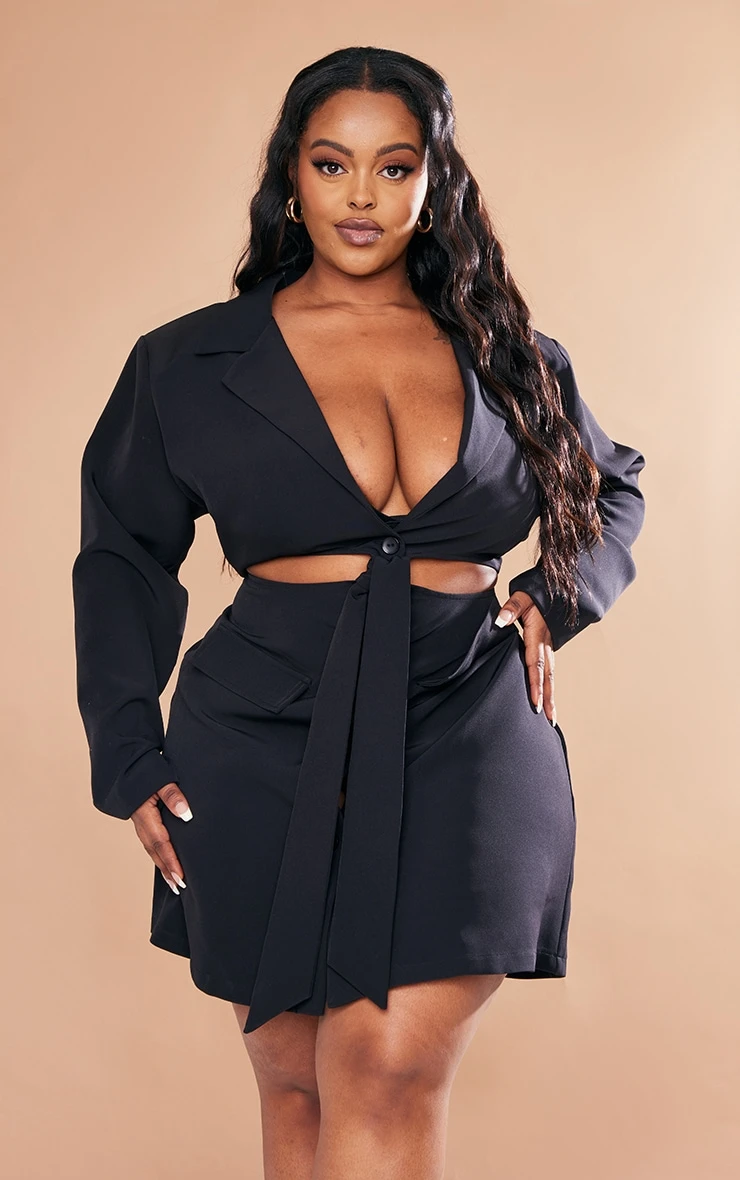 Plus Black Cut Out Knot Front Blazer Dress 3 Plus Black Cut Out Knot Front Blazer Dress