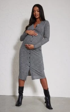 Maternity Dark Grey Fitted Soft Rib Midi Longsleeve Dress