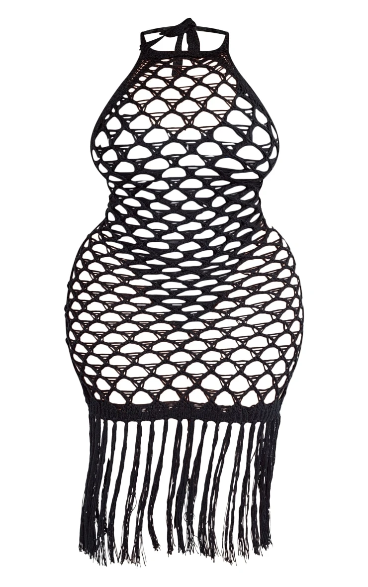 Plus Black Halterneck Tassel Detail Knitted Beach Dress 7 Plus Black Halterneck Tassel Detail Knitted Beach Dress - Image 5