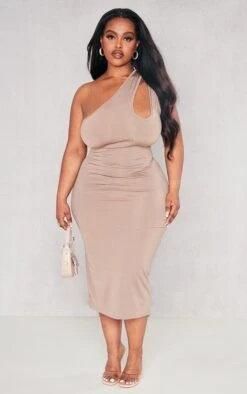Plus Taupe One Shoulder Cut Out Midaxi Dress