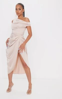 Petite Champagne Satin Off The Shoulder Draped Skirt Midi Dress