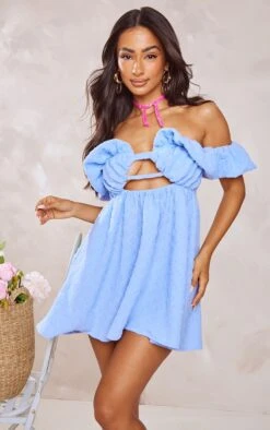 Petite Light Blue Floral Textured Mini Dress