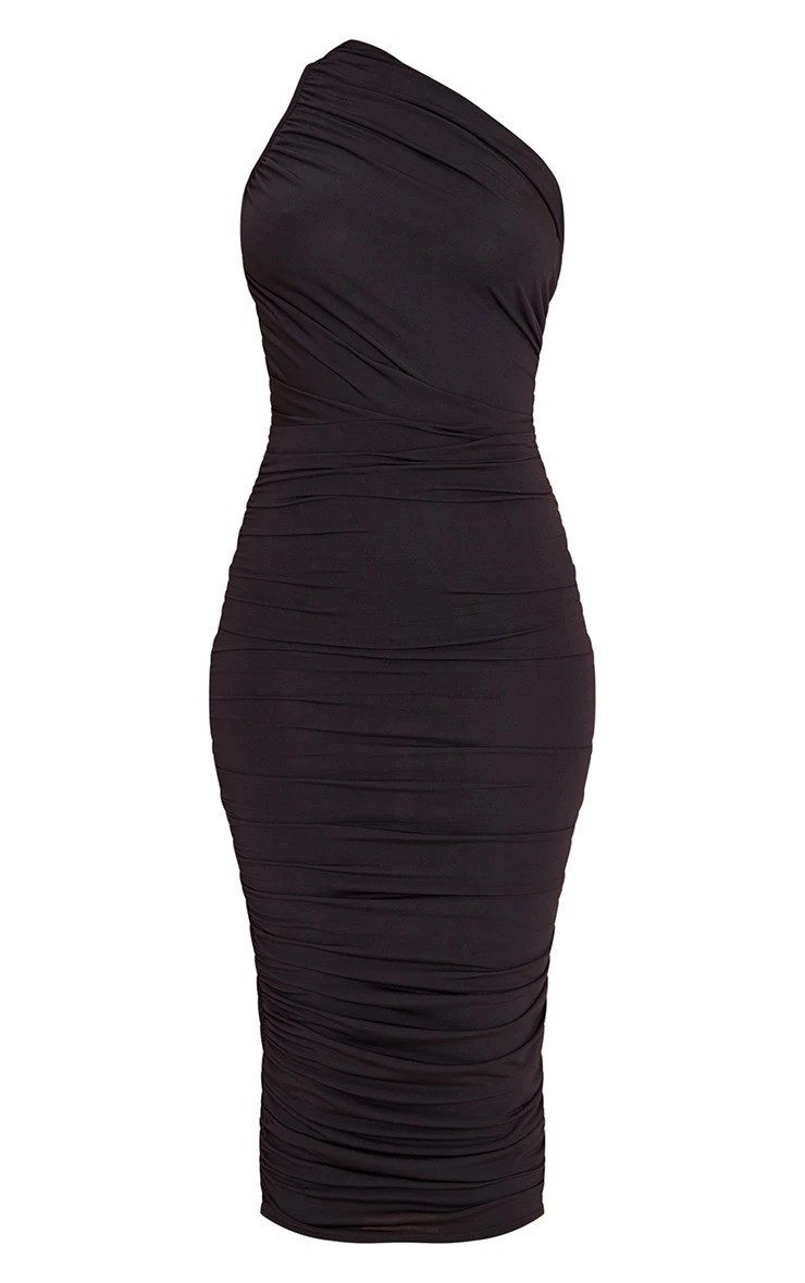 Tall Black Slinky Ruched One Shoulder Longline Midi Dress 7 Tall Black Slinky Ruched One Shoulder Longline Midi Dress - Image 5