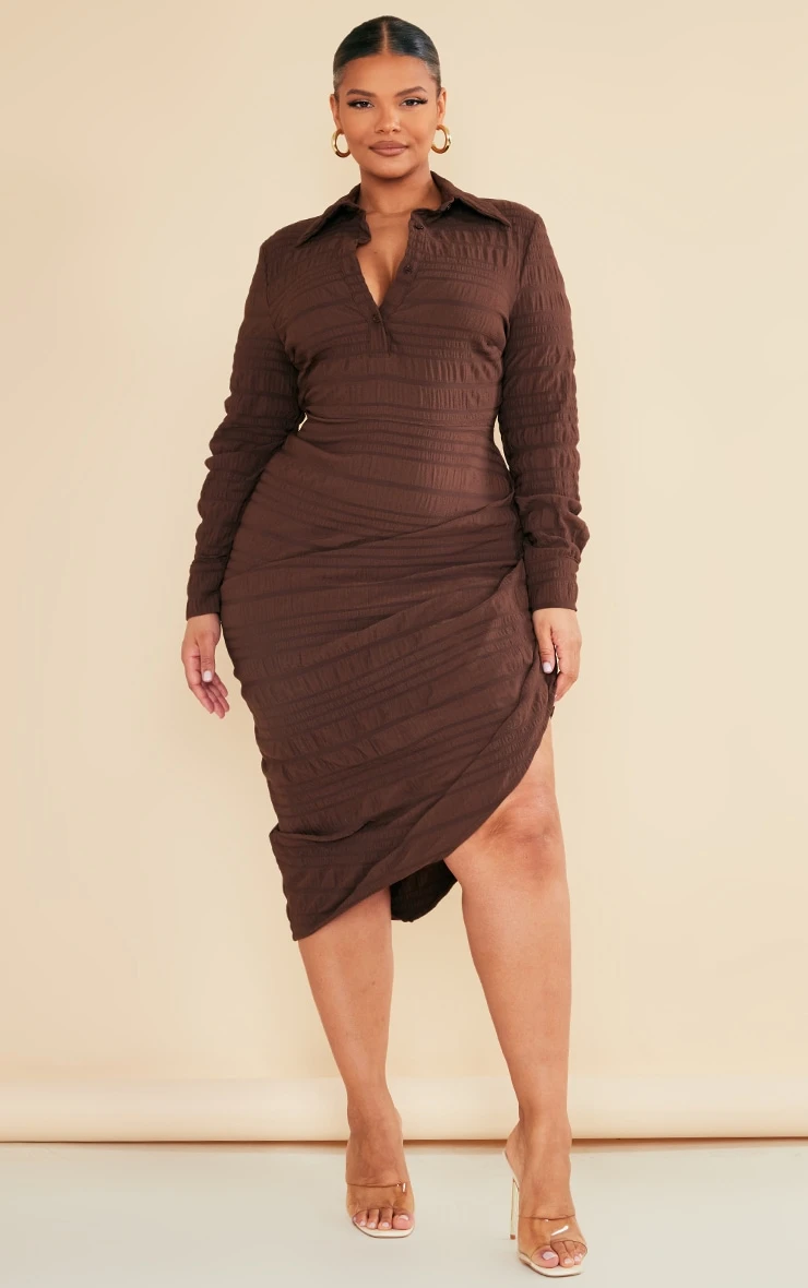 Plus Chocolate Textured Ruched Side Midi Shirt Dress 3 Plus Chocolate Textured Ruched Side Midi Shirt Dress