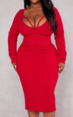 Plus Red Strap Detail Long Sleeve Midi Dress -Goremje Style 916788616d6e68c30532283b30a82fbca8c64f69 cnc9824 4