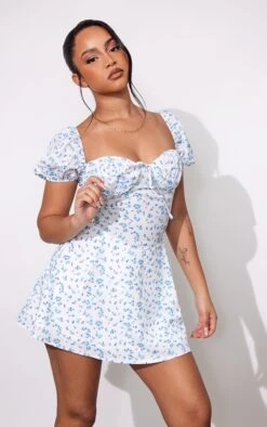 Petite Baby Blue Ditsy Floral Short Sleeve Mini Dress