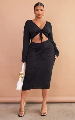 Plus Black Textured Cut Out Ruched Midi Dress
