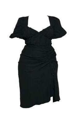 Plus Black Puff Sleeve Ruched Side Split Midi Dress -Goremje Style 920fbf7e63c67421860853793c8a284413bf330f cmw4077 6