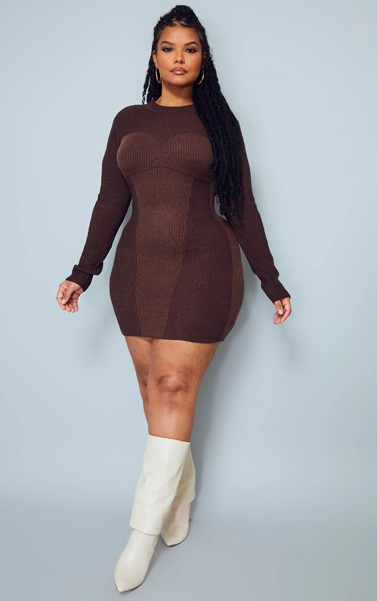 Plus Brown Two Tone Contrast Seam High Neck Dress 3 Plus Brown Two Tone Contrast Seam High Neck Dress