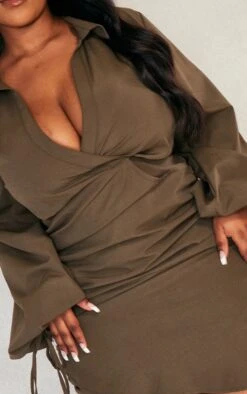 Plus Khaki Plunge Ruched Tie Cuff Shirt Bodycon Dress -Goremje Style 9246c6efbd5a82db6e5b81917d20cce07f4699db cnd2782 4