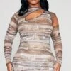 Shape Multi Printed Mesh Asymmetric Multi Cut Out Long Sleeved Dress