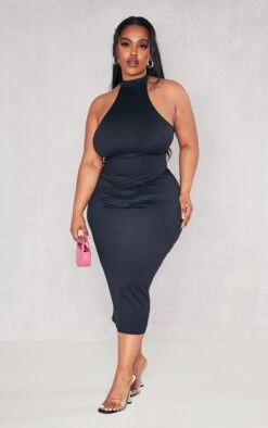 Plus Black High Neck Midi Dress