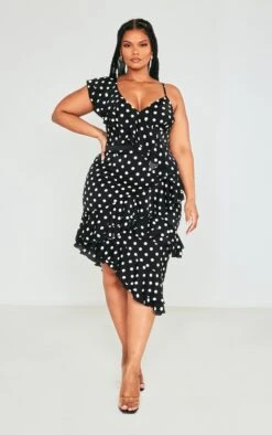 Plus Black Polka Dot Ruffle Detail Midi Dress