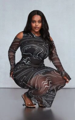 Plus Black Printed Mesh Cold Shoulder Maxi Dress -Goremje Style 94cc3651897237232390ca8508d0457d53a37238 cnc0703 3