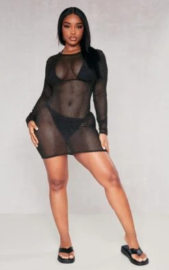 Shape Black Fishnet Glitter Low Back Long Sleeved Mini Dress