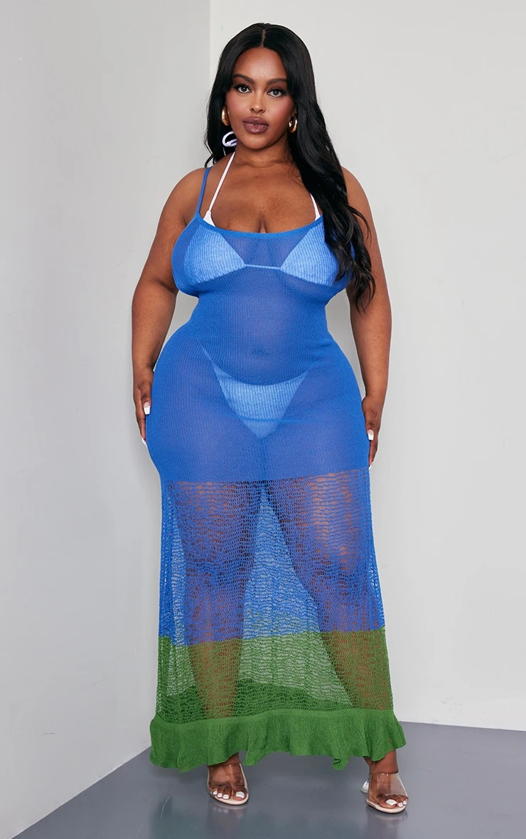 Plus Blue Contrast Knitted Maxi Dress 5 Plus Blue Contrast Knitted Maxi Dress - Image 3